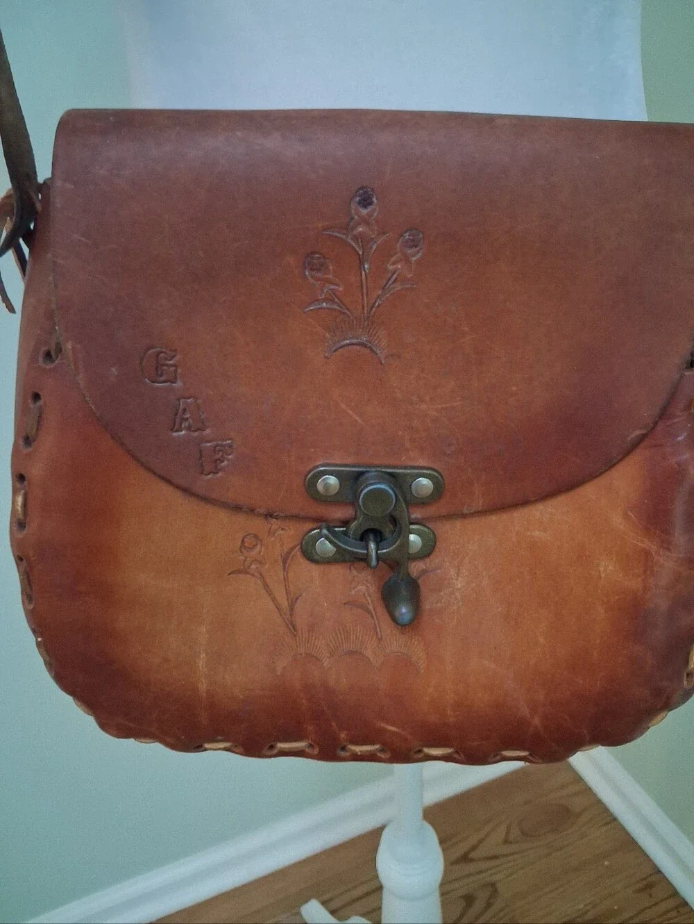 Vintage Hand Tooled Leather Crossbody Saddle Bag